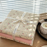 Ins floral print Bedding set knitted cotton Flat sheet set Four pieces duvet cover double layer-yarn 4Pcs lovely Fitted sheet