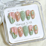 10pcs Pink Green Cat Eye Almomd Press On Nails 3D Gold Bow Bead Mini Flower Gradient False Nail Tips Full Cover Nail Extensions