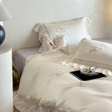 Organza Lace Ruffles Butterfly Embroidery Bedding Set Lyocell Cotton Soft Silky Duvet Cover Flat/Fitted Bed Sheet Pillowcases