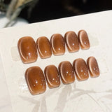 10Pcs Handmade Press on Nails Full Cover Glitter Cat Eye Solid Color Gentle Short Square Ballerina False Nails Wearable Manicure