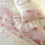 3/4Pcs French Romantic Lace Printed Ruffle Bedskirt Queen Size Quilt Cover Princess Style Boiled Cotton Double Bedding Set