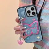 Embroidery Butterfly Jean Cloth Denim Case For iPhone 12 13 14 15 16 Pro Max 11 Phone Case with Pendant Keychain Soft Back Cover