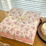 Ins floral print Bedding set knitted cotton Flat sheet set Four pieces duvet cover double layer-yarn 4Pcs lovely Fitted sheet