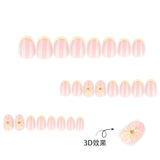 Short Round Head Press on False Nails Yellow French 3D Flower Fake Nail for Woman Reusable Finished Full Cover Nails Tips 24Pcs