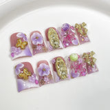 10pcs Ocean Style Fake Nails Duck Bill Press on Nails Set Handmade 3D Flowers Pearl Nail Art Gradient Blush French False Nails
