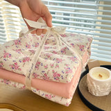 Ins floral print Bedding set knitted cotton Flat sheet set Four pieces duvet cover double layer-yarn 4Pcs lovely Fitted sheet