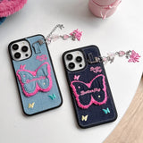 Embroidery Butterfly Jean Cloth Denim Case For iPhone 12 13 14 15 16 Pro Max 11 Phone Case with Pendant Keychain Soft Back Cover