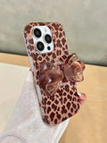Luxury Bowknot Bracket Leopard Phone Case for IPhone 16 15 14 17 Pro Max Cute Soft Silicone Shockproof Cover with Stand Holder