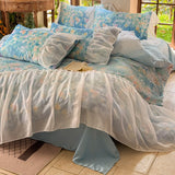 4Pcs French Princess Style Tencel Cotton Ice Silk Summer Cooling Comforter Set Blue Print Ruffle Bedding Set 1.5M Bedspread