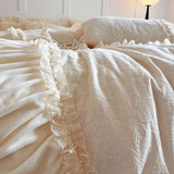 Pink Princess Style Pleated Lace Ruffles Carved Velvet Warm Soft Bedding Set Duvet Cover Flat/Fitted Bed Sheet Pillowcases 4Pcs