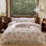 Vintage Lace Ruffles Rose Print Pure Cotton Bedding Set Duvet Cover Set 1.4M/1.5M/1.6M/1.8M/2M Bed Skirt Bedspread Pillowcases