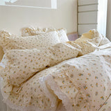 Korean Princess Style Floral Lace Ruffles 100% Cotton Bedding Set Duvet Cover Bed Sheet Pillowcase 4Pcs