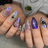 Almond Press on Fake Nails 3D Ripple Star False Nails Blue Smudge Detachable Full Cover Nails Tips 3D Shell Pearl Acrylic Nail