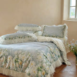 Flower Prints Ruffles Summer Cool Feeling Bedding Set 800TC Lyocell Soft Silky Duvet Cover Flat/Fitted Bed Sheet Pillowcase 4Pcs