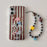 Korea Brown Stripe Texture Lovely Dog  Pattern Cover Case for iPhone 13 14 15 16 Pro Max Non-slip Anti fall Bracelet Phone Shell