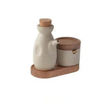 Ceramic Seasoning Jar Retro Japanese Style Home Kitchen Salt Chili Sugar Jar Oil Pot Wooden Lid Spice Kitchen Utensils Modern