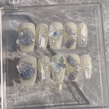 10Pcs Coffin Handmade Press On Nails Full Cover Bowknot Pearl Design False Camellia Flower Nails Wearable Manicure Nail Tips Art