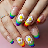 French Almond False Nails Retro Flowers Wearable Hand Drawn Press on Nails for Woman Datachable Full Cover False Nails Tips