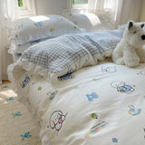 Blue Floral Ruffle Duvet Cover Set Queen Flower Leaf Comforter Covers 4Pcs Soft Luxury Pastoral Garden Washed Cotton Bedding Set