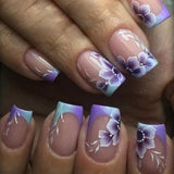 24pcs Sweet Cool False Nails Gradient French Fake Nail Tips with Purple Flowers Design Short Square Press on Nails Colorful Nail