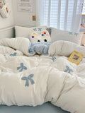 Ins Style Girl Blue 1.5m/1.8m Fitted Sheet Bow Towel Bedding Set Embroidery Washed Cotton Four-piece Set Bed Sheet Three-piece