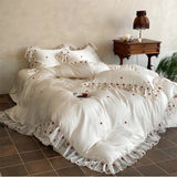 Luxury Light Champagne Rose Embroidery Ruffled Bedding Set Lyocell Soft Silky Cooling Duvet Cover Set Bed Sheet Pillowcases 4Pcs