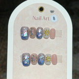10Pcs Pink Cute Handmade Press on Nails Full Cover Bear Rhinestone Summer French Short False Nails Wearable Manicure Nail Tips