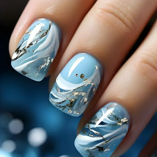 24Pc Gradient Blue White Fake Nails Short Square Head Line Ballet Fals ...