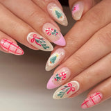 24pcs Christmas Nails Sets Press on Bow Star Design Nails Tips Diamond Snowflake Long Almond False Nail French Green Fake Nails