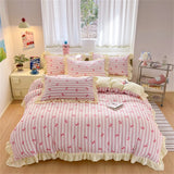 Black Lace Ruffles Korean Bow Decor Bedding Set Duvet Cover Pillowcase Washed Cotton Four-Piece Sets Soft Quilt Cover Bed Sheet
