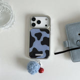 Ins Simple Plating Blue Cow Pattern Phone Case with Hairball Pendant for iPhone 17 16 15 14 Pro Max Shockproof Protective Cover
