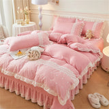 Korean Luxury Lace Ruffles Bedding Set Skin-Friendly Washed Cotton Princess Style Duvet Cover Bed Sheet Pillowcase Home Textiles
