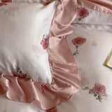 4Pcs Lyocell Soft Silky Cooling Summer Bedding Set Rose Floral Prints Ruffles Duvet Cover Set Bed Sheet/Fitted Sheet Pillowcases