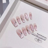 Glitter French False Nails Handmade Cat Eye Nails with Butterfly Pearl Design Pink Coffin Wearable Manicure Full Cover Press On