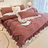 4/6Pcs Black&white Plaid 100% Cotton Bedding Set Romantic Lace Ruffles Washed Cotton Duvet Cover Bed Skirt Bedspread Pillowcases
