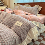 Korean Style Princess Lace Ruffles 100% Cotton Bedding Set Plaid Style Duvet Cover Set Bed Sheet Pillowcases 4Pcs