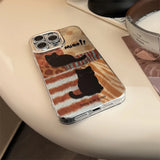 Korean Black Cat Leopard Splicing Phone Case For iPhone 11 12 13 14 15 16 Pro Max XS XR X 7 8 Plus Glitter Lens Protective Cover