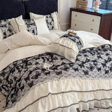 4Pcs French Vintage Princess Style Embroidered Chiffon Lace Ruffle Luxury Bedding Set Queen Size Quilt Cover 200X230