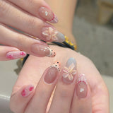 10pcs Cute Press on Nails Color French 3D Flower Fake Nails Black Polka Dot Pearl Bow Nail Tip Almond False Nails for Women Gift