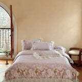 Flower Prints Ruffles Summer Cool Feeling Bedding Set 800TC Lyocell Soft Silky Duvet Cover Flat/Fitted Bed Sheet Pillowcase 4Pcs