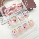 Square Press on Nails Medium Fake Nails with Flower Designs French Tip Nails Press ons Acrylic Nail Cute Spring Stick on Nail