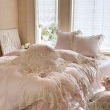 Flowers Embroidery Lace Ruffles Wedding Bedding Set Lyocell Silky Cooling Duvet Cover Set Flat/Fitted Bed Sheet Pillowcases 4Pcs