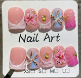 10pcs Beach Vacation False Nails Short Square 3D Pink Yellow Flowers Nail Starfish Pearl Shell Fake Nails Sweet Press on Nails
