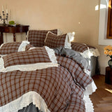 Vintage Plaid Flowers Lace Ruffles Bedding Set 100% Cotton Double Layer Yarn Duvet Cover Flat/Fitted Bed Sheet Pillowcases 4Pcs