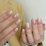 24Pcs Nude Pink Nail Tips Short Round Head False Nails with Design Wearable Finished Fake Nails Full Cover Press on Nails