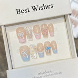 10Pcs Purple Cat Eye Coffin Press on Nails Silver French Fake Nails Plaid Polka Dot Nail 3D Bowknot Star Rhinestone False Nails
