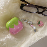 Cute lovely strawberry gloss wireless bluetooth earphone cover case for apple airpods 1 2 3 4 pro pro 2 protector with keychain