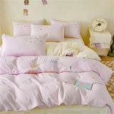 Pink Bedding Sets Solid Color Washed Cotton Home Girls Bedroom Decor Duvet Cover Pillowcase Bedspread Embroidery Four Piece Set