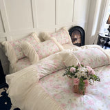 3/4Pcs Rose Flower Print Bedding Set Korean Style Luxury Princess Lace Duvet Cover Bed Skirt Pillowcase 100% Cotton Home Textile