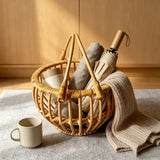 Handwoven Round Rattan Wicker Basket Fruit Tea Snack Bread Picnic Cosmetic Storage Box Kitchen Supplies Household Organizer